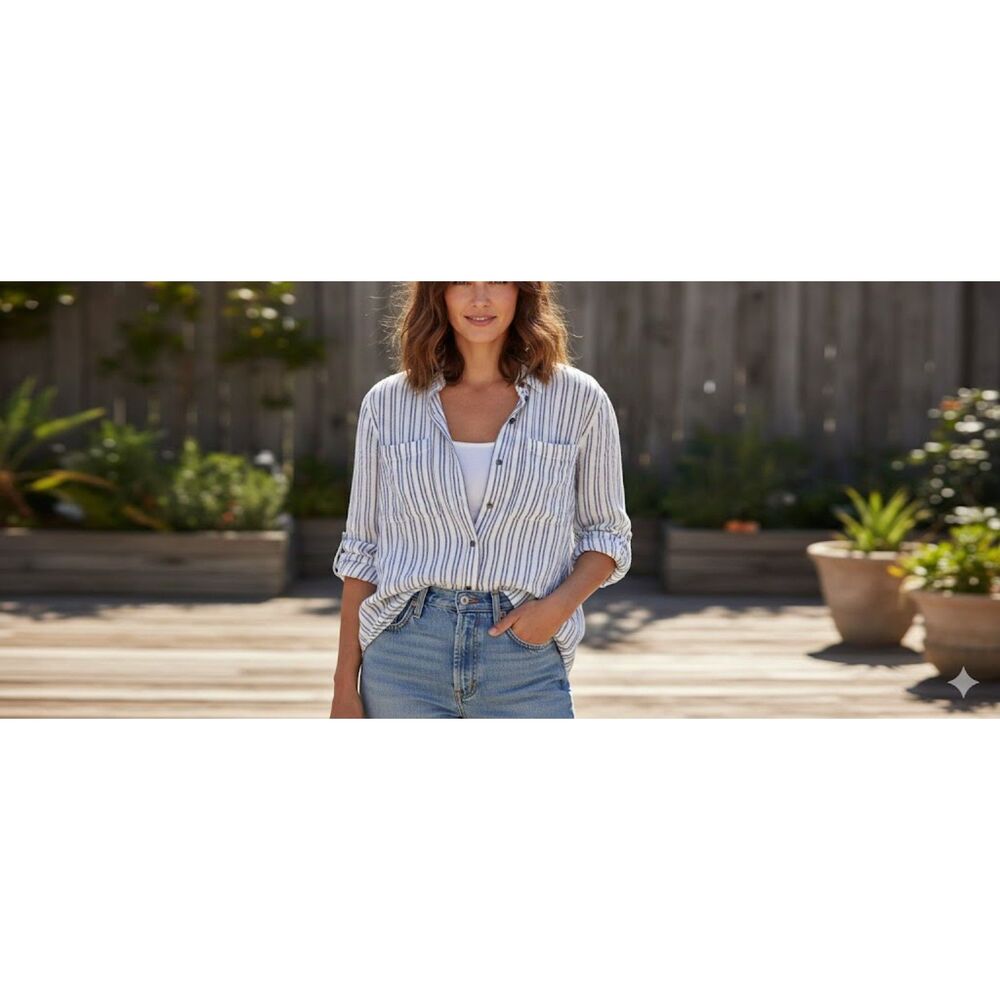 Rails Striped Linen Button Down Shirt White Blue Size XS Long Sleeve Blouse